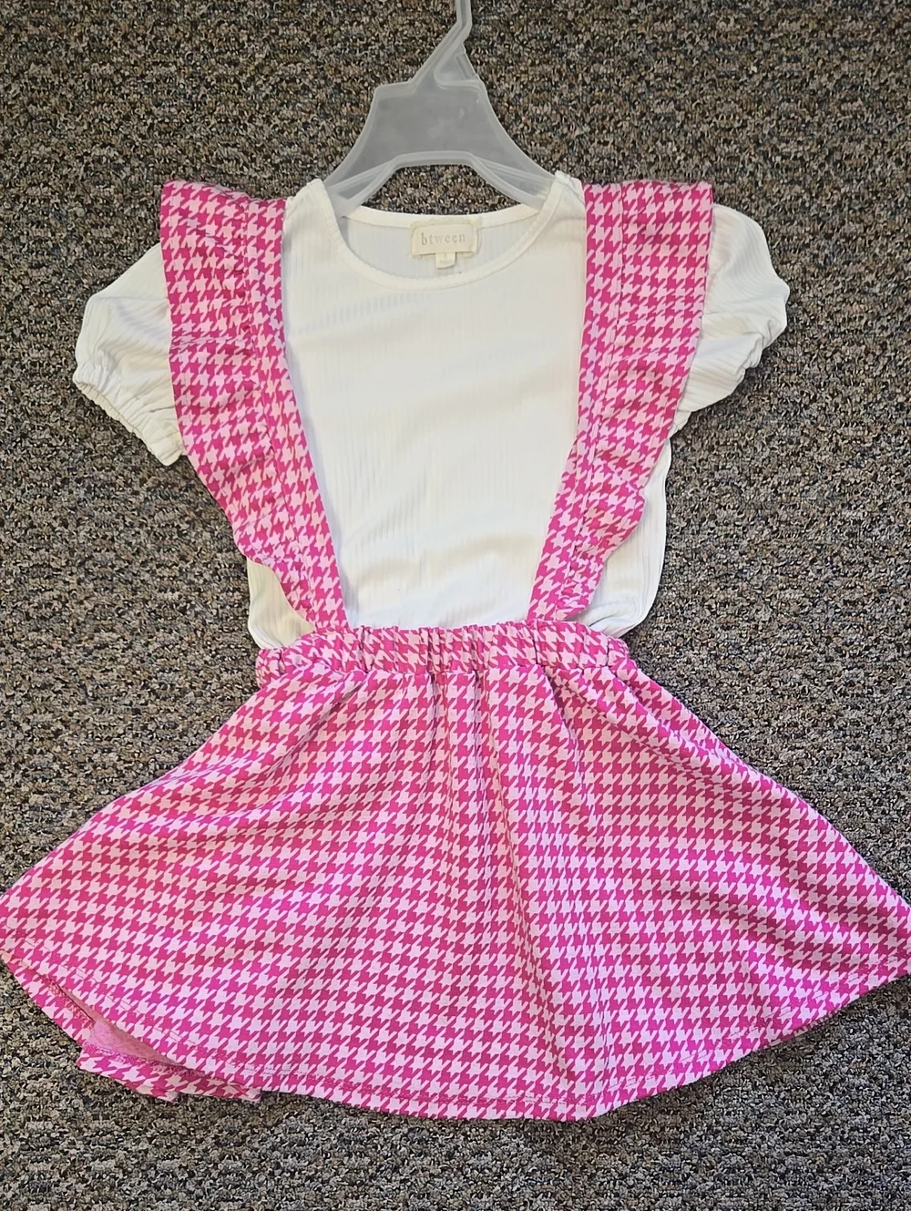 Btween Size 6 Pink Houndstooth Pinafore Skirt with White Top